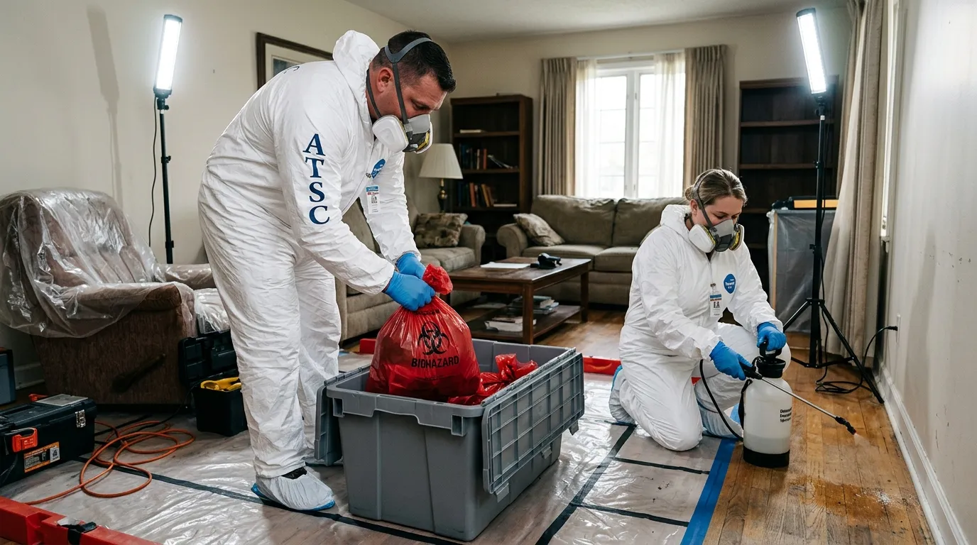 Professional Hazmat Cleanup technician in full PPE working in Brockport